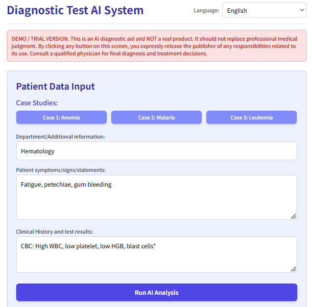 AI Diagnostic Test System Demo Screenshot